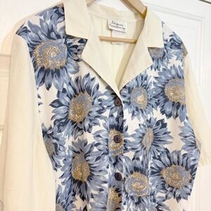 Vintage 90s Blue Sunflower Button Front Short Sleeve Top Cotton Blend  L XL